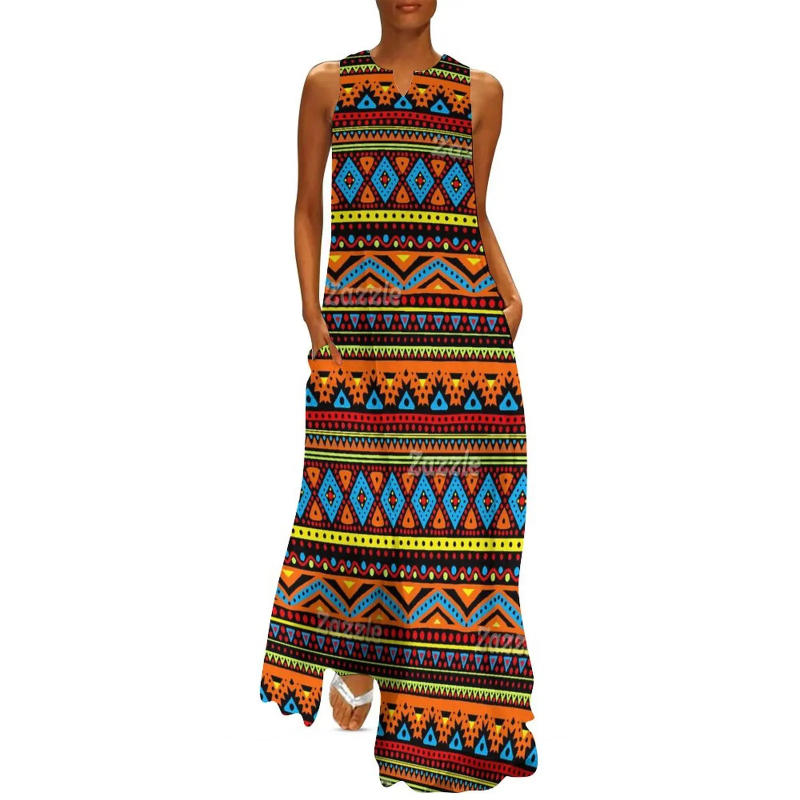 Ethnic Boho Fashion - Vestido largo étnico Vintage rojo, naranja,