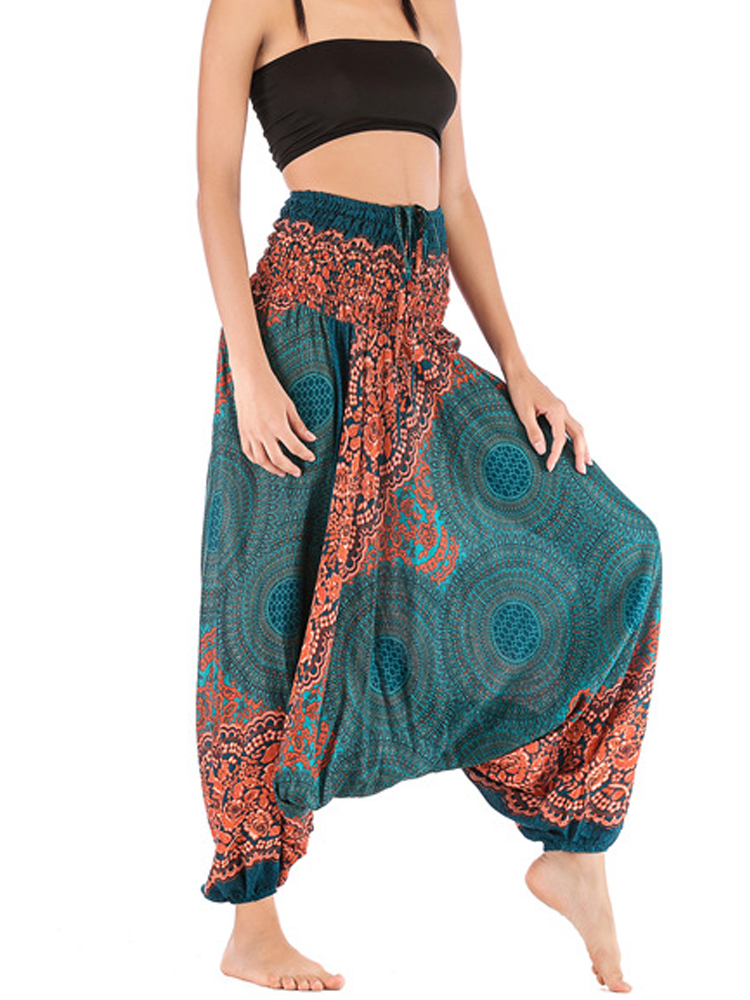Ethnic Boho Fashion - Pantalones holgados informales con estampado Floral